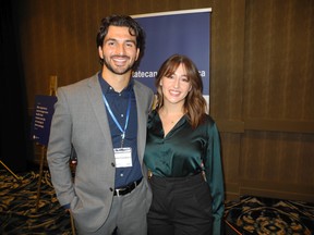 Cavalry Football Club goalkeeper Marco Carducci gave a powerful address at the inaugural Women for Men’s Health charity breakfast and wellness fair. Carducci was diagnosed with testicular cancer at the age of 25. Pictured with Carducci is his partner Haileigh Yome.