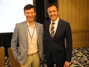 Former city councillor Jeromy Farkas (left) with former colleague and Prostate Cancer Centre CEO Jeff Davison.