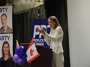FILE PHOTO: Nadine Wellwood speaks to a crowd in Cochrane on August 30, 2021, for a People's Party of Canada rally during the 2021 federal election.