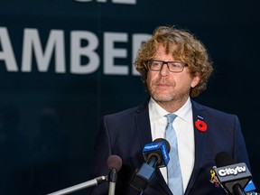 Councillor Gian-Carlo Carra speaks with the media outside Calgary Council Chamber on Monday, November 1, 2021.
