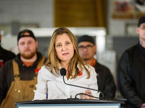 Deputy Prime Minister and Minister of Finance Chrystia Freeland speaks at a media event at International Brotherhood of Boilmakers in Calgary on Wednesday, November 9, 2022.