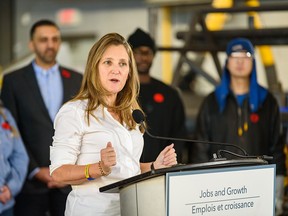 Finance Minister Chrystia Freeland speaks at the International Brotherhood of Boilermakers office in southeast Calgary on Wednesday.