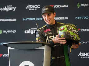 Nitro RX driver Fraser McConnell speaks at a media event announcing that Nitro Rallycross, a global motorsports series, is coming to GMC Stadium at Stampede Park.  Photo taken on Tuesday, November 15, 2022.