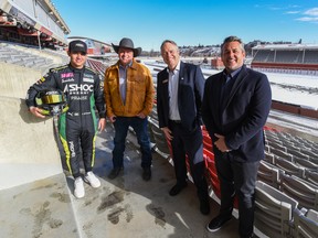 Nitro RX driver Fraser McConnell, left, Steve McDonough, Calgary Stampede president, Carson Ackroyd, senior vice president of sales at Tourism Calgary, and Brett Clarke, president of Nitro Rallycross, pose for a photo at a media event hosted by Nitro Rallycross, a worldwide announcement announced.  motorsports series, coming to GMC Stadium in Stampede Park.  Photo taken on Tuesday, November 15, 2022.