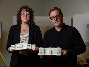 Madison Hvidberg, University of Calgary archeology PhD student, left, and Dr.  Peter Dawson, lead researcher of the digital preservation of Indian Residential Schools project, poses for a photo at the University of Calgary on Thursday, November 24, 2022.