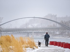 A man and his dog spend the snowy afternoon on the Bow River pathway on Sunday, November 27, 2022.