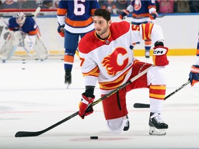 Calgary Flames defenceman Nick DeSimone prepares to make his NHL debut in a game against the New York Islanders at UBS Arena in Belmont Park, N.Y., on Monday, Nov. 7, 2022.