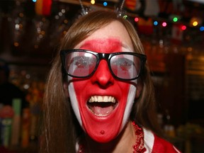 Canadian soccer fan Megan DeVetten is ready to kick off as fans gather at Ship & Anchor in Calgary on Wednesday, November 23, 2022 to watch Canada's first World Cup match against Belgium in Qatar.