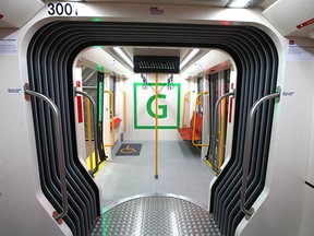 Interior seating area of ​​a mock-up of Urbos 100, Calgary Transit's Green Line's low-floor Light Rail Vehicle (LRV) is displayed on Tuesday, Nov. 29, 2022, in Calgary.  The Urbos 100 is the first of its kind in Canada.