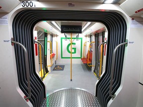 Interior seating area of a mock-up of Urbos 100, Calgary Transit's Green Line's low-floor Light Rail Vehicle (LRV) is displayed on Tuesday, Nov. 29, 2022, in Calgary. The Urbos 100 is the first of its kind in Canada.