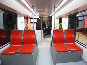 Interior seating area of a mock-up of Urbos 100, Calgary Transit's Green Line's low-floor Light Rail Vehicle (LRV) is displayed on Tuesday, Nov. 29, 2022, in Calgary. The Urbos 100 is the first of its kind in Canada.
