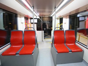 Interior seating area of ​​a mock-up of Urbos 100, Calgary Transit's Green Line's low-floor Light Rail Vehicle (LRV) is displayed on Tuesday, Nov. 29, 2022, in Calgary.  The Urbos 100 is the first of its kind in Canada.