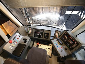 The driver's cab/control area of a mock-up of Urbos 100, Calgary Transit's Green Line's low-floor Light Rail Vehicle (LRV) is shown on Tuesday, Nov. 29, 2022, in Calgary. The Urbos 100 is the first of its kind in Canada.