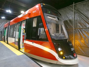 A model of Urbos 100, Calgary Transit's Green Line's low-floor Light Rail Vehicle (LRV) is displayed on Tuesday, Nov. 29, 2022, in Calgary. The Urbos 100 is the first of its kind in Canada.