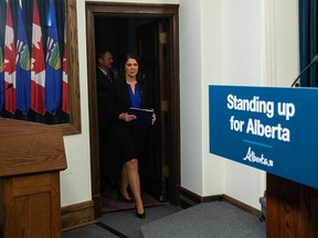 Alberta Premier Danielle Smith makes her way to a press conference after the Speech from the Throne in Edmonton, on Tuesday, November 29, 2022.