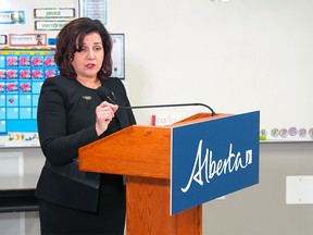 Education Minister Adriana LaGrange speaks during a press conference held at the École du Nouveau-Monde school in Calgary.  The minister announced new funding for mental health support for students.  Wednesday, November 16, 2022.