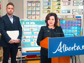 Education Minister Adriana LaGrange speaks during a press conference held at the École du Nouveau-Monde school in Calgary.  The minister announced new funding for mental health support for students.  Wednesday, November 16, 2022.