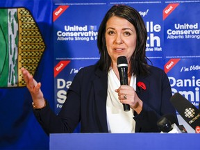 United Conservative Party Leader and Premier Danielle Smith celebrates her win in a byelection in Medicine Hat, Alta., Tuesday, Nov. 8, 2022.