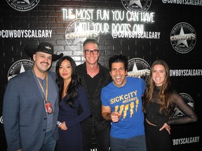 From left: Cowboys’ Austin Rieger; Scarlet Lee; Dave Urner; producer and emcee Pete Giovine; and Meryl Oberhofer.