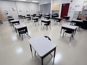 A classroom is shown in a Calgary school prior to the start of the school year in 2020.