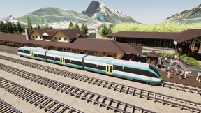 Artist rendering of Calgary Airport-Banff Rail at Banff train station.