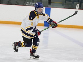 Eric Homersham skates during warmups with his Calgary Wolverines U15 hockey team on Nov. 6, 2022. Homersham died suddenly on Nov. 9.