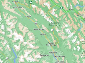 Google map shows location of Highway 93 in Kootenay National Park.