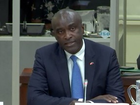 Wien-Weibert Arthus, Haiti's Ambassador to Canada, appears before the House of Commons foreign affairs committee on November 2, 2022.