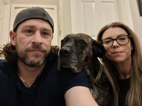 Aster, an eight-year-old large mixed breed, has been adopted by James Campbell and his partner Chantel after spending nearly 500 days in the Calgary Humane Society's shelter system.
