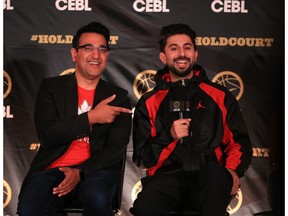Calgary Surge owners Usman Tahir Jutt, left, and Jason Ribeiro answer questions after the announcement of their new Canadian Elite Basketball League team at WinSport on Wednesday, October 19, 2022.