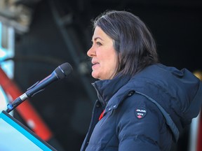 Alberta Premier Danielle Smith speaks during the Remembrance Day ceremony at the Military Museums in Calgary on Friday, November 11, 2022.