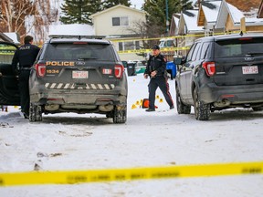 Calgary police investigate in the alley behind Falconridge Place N.E. after fatal shooting on Saturday, November 12, 2022.