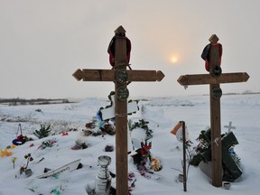 A view of the graves of the victims of a September stabbing spree at the James Smith Cree Nation, Saskatchewan, November 28, 2022.