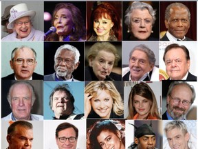 Celebrities and well-known figures who died in 2022 include (from left to right): Queen Elizabeth II, Loretta Lynn, Naomi Judd, Angela Lansbury, Sidney Poitier, Mikhail Gorbachev, Bill Russell, Madeleine Albright, Jerry Lee Lewis, Paul Sorvino, James Caan, Meat Loaf, Olivia Newton-John, Kirstie Alley, William Hurt, Ray Liotta, Bob Saget, Irene Cara, Coolio and Aaron Carter. Photos: Getty Images, Canadian Press, Postmedia.