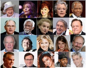 Celebrities and well-known figures who died in 2022 include (from left to right): Queen Elizabeth II, Loretta Lynn, Naomi Judd, Angela Lansbury, Sidney Poitier, Mikhail Gorbachev, Bill Russell, Madeleine Albright, Jerry Lee Lewis, Paul Sorvino, James Caan, Meat Loaf, Olivia Newton-John, Kirstie Alley, William Hurt, Ray Liotta, Bob Saget, Irene Cara, Coolio and Aaron Carter. Photos: Getty Images, Canadian Press, Postmedia.