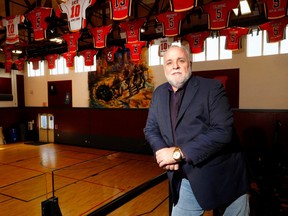 Bruce Holstead, executive director of Fresh Start Recovery Center.  The hockey jerseys honor successful Fresh Start clients, who have achieved a landmark number of years of sobriety.  Darren Makovichuk/Postmedia