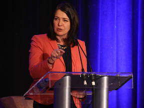 Alberta Premier Danielle Smith speaks during the Canadian Association of Energy Contractors 2023 drilling forecast luncheon at the Westin Calgary on Wednesday, November 23, 2022.