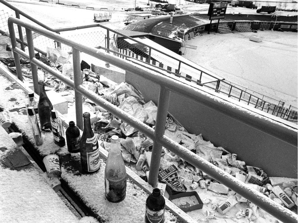 The empty flasks stood in McMahon Stadium as monuments to somebody’s good time, likely followed by a monumental Grey Cup hangover. Calgary Herald archives.