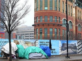 A small group of tents are set up near the Calgary Drop-In Centre in early November.