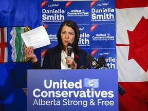 Premier Danielle Smith celebrates her byelection win in Medicine Hat on Nov. 8.