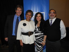 Questor Technology president and CEO Audrey Mascarenhas (second from left) was presented with the 2022 distinguished Business in Calgary Leaders Legacy Award. Joining Mascarenhas are, from left, her husband, Journey Energy president and CEO Alex Verge, and colleagues Gisoo Heydari (second from right) and Dave Das, far right.
