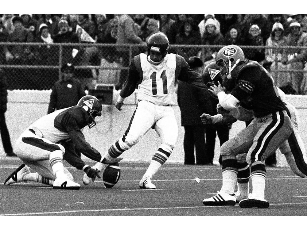 Montreal Alouette #11 Don Sweet missed a last-second field goal as the Edmonton Eskimos won the Grey Cup 9-8. Calgary Herald archives