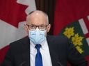 Chief Medical Officer of Health Dr.  Kieran Moore holds a news conference in Toronto on Wednesday, March 9, 2022. Moore said he would recommend masking in certain indoor settings if hospitals start canceling surgeries.