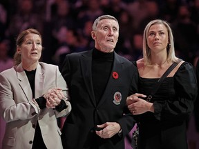 Former Toronto Maple Leaf Borje Salming was honoured during a pregame ceremony at the Scotiabank Arena on Nov. 11, 2022 in Toronto. He was joined by his wife Pia and daughter Bianca.