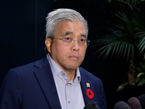 Ward 7 City Councilor Terry Wong speaks during a press conference announcing the renaming of the former James Short Park Wednesday, Nov. 2, 2022.