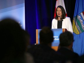 Premier Danielle Smith speaks to the Calgary Chamber of Commerce on Friday.