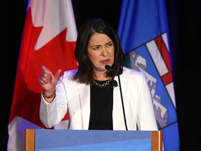 Premier Danielle Smith speaks at the Calgary Chamber of Commerce luncheon on Friday.
