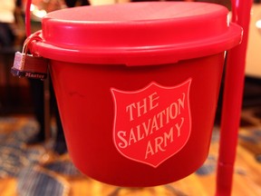 A locked Salvation Army kettle is shown during the launch of the Salvation Army Christmas Kettle Campaign on Wednesday, Nov. 12, 2014.