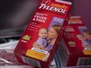 Babies' Tylenol brand fever and pain reliever is seen in a home in Toronto on Friday, October 7, 2022.  Health Canada says it is importing a foreign supply of children's pain and fever medication that will be available on retail shelves in the coming weeks.