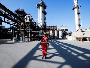A Shell employee walks through the company's Quest Carbon Capture and Storage facility in Fort Saskatchewan, Alta., in October 2021.